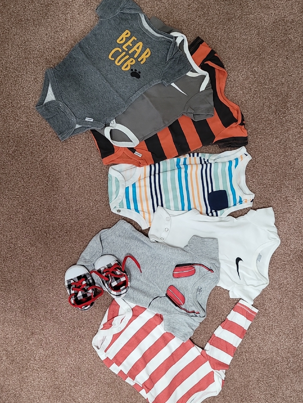 Nike White Baby Bodysuit with Black Swoosh and Gray/Striped Mix Pack